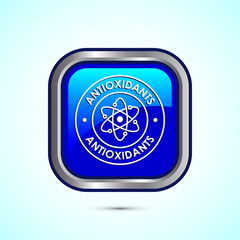 Rich in antioxidants icon design illustration. Antioxidant rich food label sign symbol, Blue color square button design