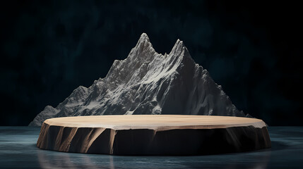 White Rock on Wooden Platform with Snowy Mountain Background