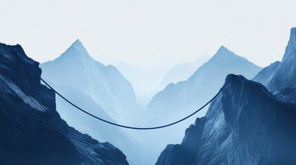 A tightrope stretching between two rocky mountains with a backdrop of misty mountain ranges, symbolizing challenge and balance.
