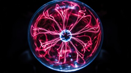 A red and blue plasma ball, emitting vibrant light in the dark room. The sphere is circular with intricate patterns of neon pink lines on it