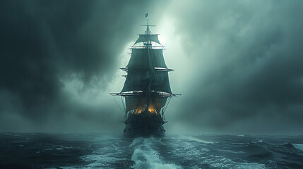 Majestic sailing ship navigating through stormy seas under dark, ominous clouds at twilight