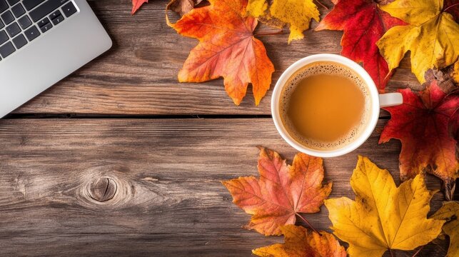 A laptop coffee and colorful autumn leaves on wood
