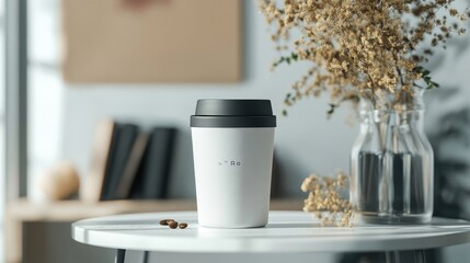 A white coffee cup sits with flowers on a small table