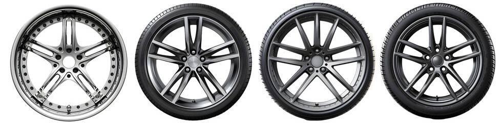 Obraz premium Set of stylish black car rim with modern alloy wheel design, isolated on transparent background