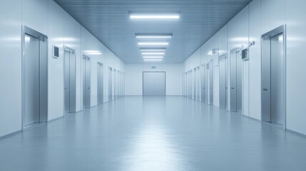 A long modern hallway featuring multiple elevator doors and lighting