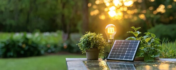 Sunset Scene with Solar Panel, Light Bulb, and Greenery Outdoors