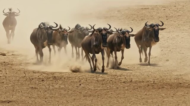 A herd of wildebeest charges across a dry savanna, kicking up clouds of dust during their migration, symbolizing survival and movement.