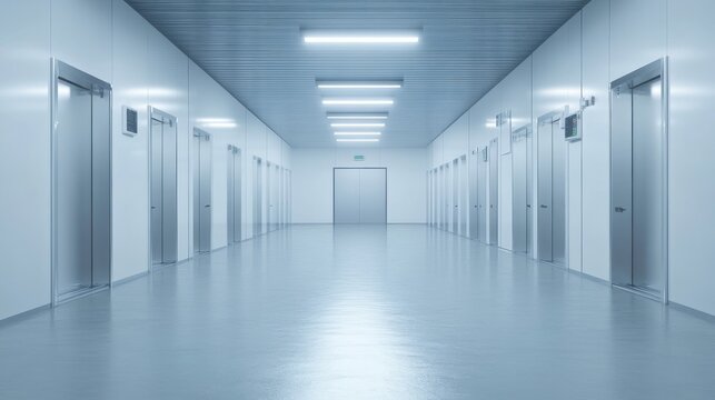 A long modern hallway featuring multiple elevator doors and lighting