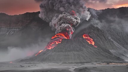Explosive volcanic eruption with lava and ash covering the landscape.
