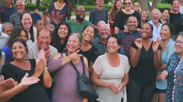 Happy diverse crowd gathered outdoors, smiling and cheering.