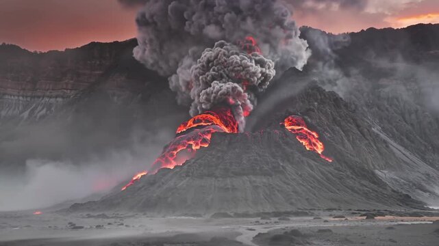Explosive volcanic eruption with lava and ash covering the landscape.