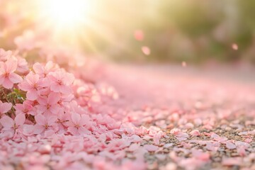 Pink Flower Petals Scattered on Ground in Sunlight