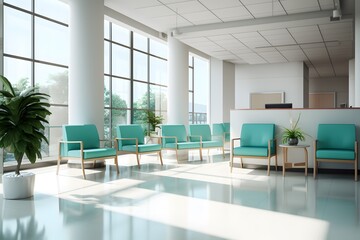 Modern office interior of waiting room. Reception of a hospital with big space and window. 