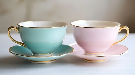 Elegant Pastel Teacups and Saucers Set Delicate Gold Trim Porcelain Teaware Pretty Pink Mint Green Classic Afternoon Tea Time Vintage Style Romantic  