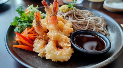 A delicious plate of Japanese tempura soba, with crispy shrimp tempura and vegetables served alongside cold soba noodles and dipping sauce