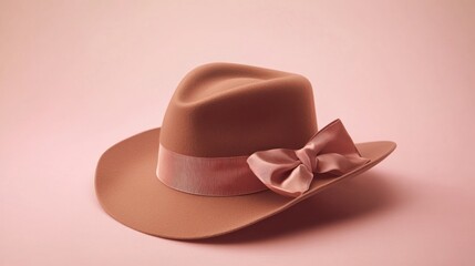 Beige fedora hat with pink bow on pink background