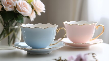Fototapeta premium Elegant Pastel Pink and Blue Teacups Set Delicate Porcelain Teaware Romantic Golden Accents Classic Design Beautiful Home Decor Lovely Afternoon Tea 
