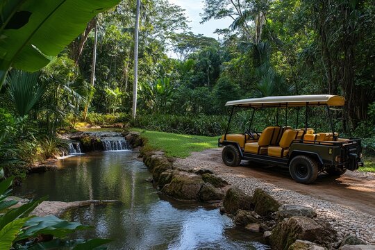 Jungle buggy next to a tranquil stream.