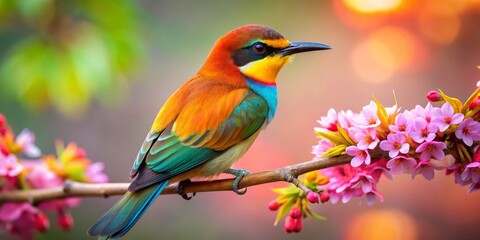 Vibrant Rainbow Bird Perched on Delicate Pink Blossoms in a Softly Lit Garden