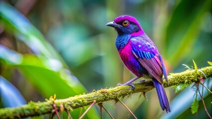 Fototapeta premium Vibrant iridescent bird perched on a mossy branch, showcasing its brilliant plumage against a lush green backdrop, a stunning display of avian beauty in a natural habitat.
