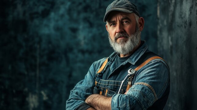 Bearded mechanic confidently stares at the viewer.