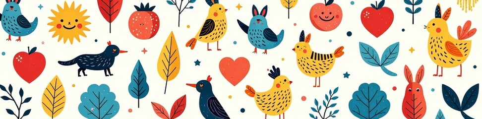 Colorful hand-drawn characters and shapes in seamless design, design, pattern
