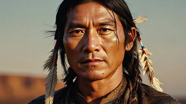 Close-up portrait of a Native American apache Indian with feathered ornaments, gazing intensely at the horizon