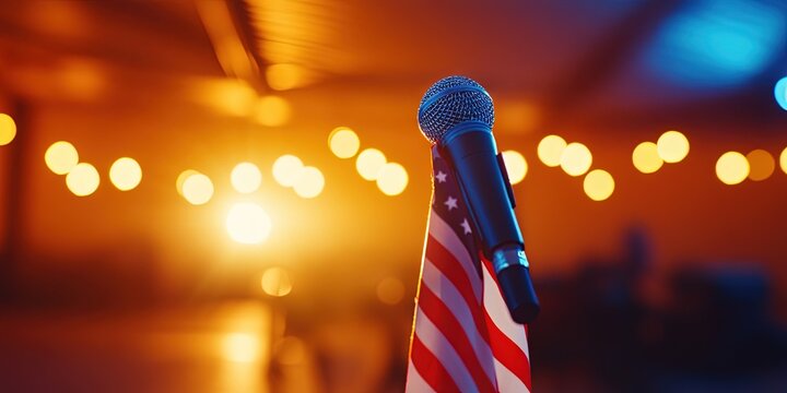 national anthem concept with star spangled banner hanging from microphone