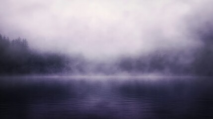 Moody Atmospheric Lake Landscape Purple Mist Shrouds Calm Water and Dark Trees