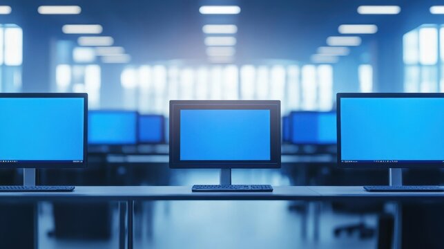Computer monitors with blue screens are arranged in a modern office