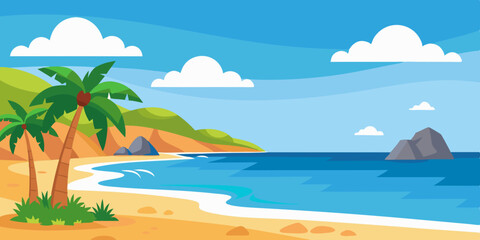 Obraz premium Sunny beach landscape with palm trees and blue ocean under clear skies