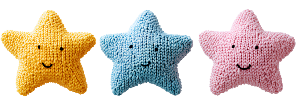  3D knitted, colorful star-shaped rattle toy set, isolated on a transparent background. Cutout PNG file