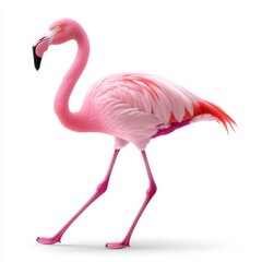 Fototapeta premium Pink Flamingo Walking on White Background Studio Shot