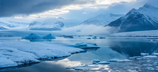 Rolgordijnen zonder boren Serene Arctic landscape with glaciers and icebergs reflecting in the calm water at dusk copy space © Elena
