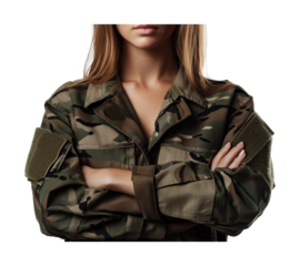 Confident military woman wearing camouflage uniform with arms crossed, standing strong and ready for duty in a studio setting, cut out