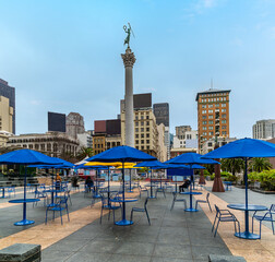 A view across the centre of  Union Square in the morning in San Francisco in early springtime