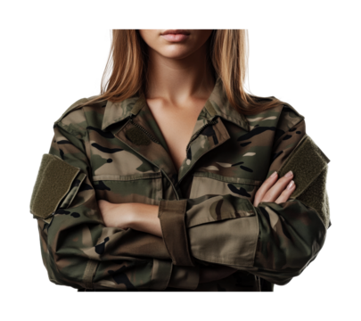 Confident military woman wearing camouflage uniform with arms crossed, standing strong and ready for duty in a studio setting, cut out