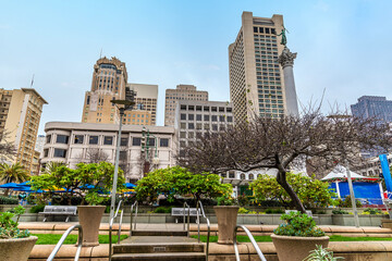 A view up steps leading to Union Square in the morning in San Francisco in early springtime