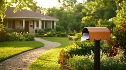 charming mailbox stands in lush garden, surrounded by vibrant flowers and winding path leading to cozy home