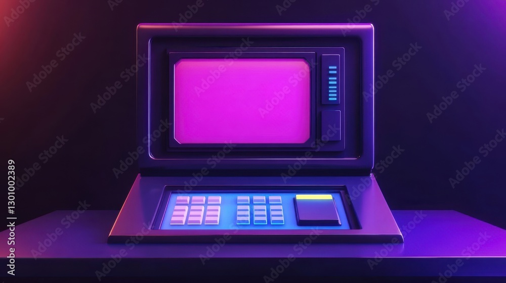 Poster a retro futuristic computer device with illuminated keyboard and screen