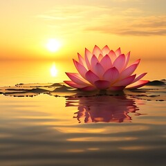 Lotus flower floating on water at sunset background