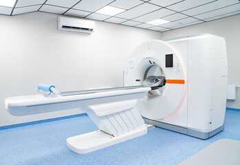 High-tech imaging room. A bright medical imaging room featuring a CT scanner and clean surroundings, ready for patient examination.