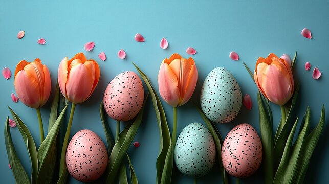 Playful eggs and pink tulips showcased against a soft pastel blue setting, creating a lively image with space for text in an empty circle, capturing the essence of spring fling.