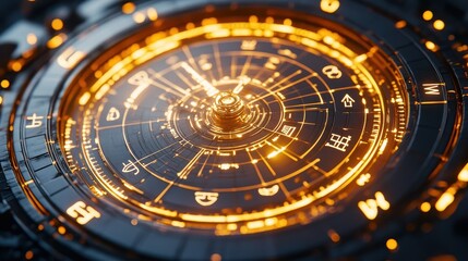 Naklejka premium Futuristic clock, glowing orange, intricate details, dark background, sci-fi concept