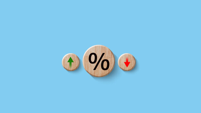 Financial, stocks, interest rate and GDP percent change, wooden block with percentage sign and arrow up sign and down for interest rate, ranking
