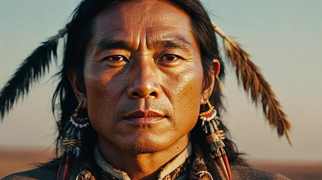 Close-up portrait of a Native American warrior with feathered ornaments, gazing intensely at the horizon