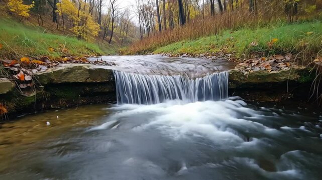 Small Waterfall in Forest on Autumn Day Capturing Tranquil Nature with Flowing Stream, Trees, Green Grass, and Fall Leaves in AR 169 Style Photography Scene for Seasonal Landscape Design
