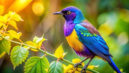 Naklejka premium Vibrant avian perched on a leafy branch, showcasing iridescent plumage in sunset light