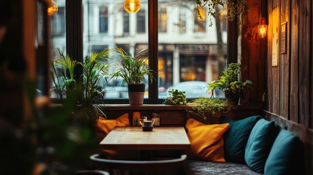 A cozy cafe nook decorated with plants and comfortable seating
