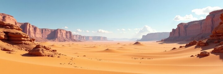 Fototapeta premium Desert landscape with vast sandy dunes and rocky outcroppings, rock formations, rocky terrain